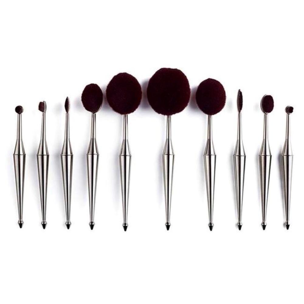 NEW Pewter New Facebase Cosmetic Face Brush Set 10pc Oval Thick Lush Brushes